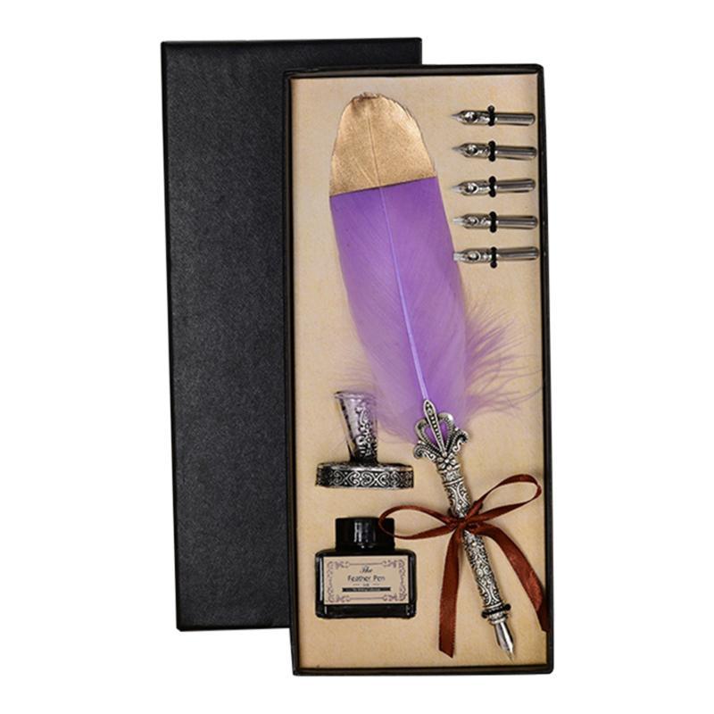 Vintage Calligraphy Feather Quill Writing Ink Set - LAVENDAR w/GOLD TIP